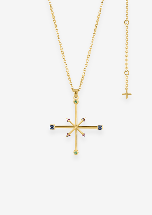 Singula-jewelry-gold-cross-wind-rose-gems-unisex-necklace