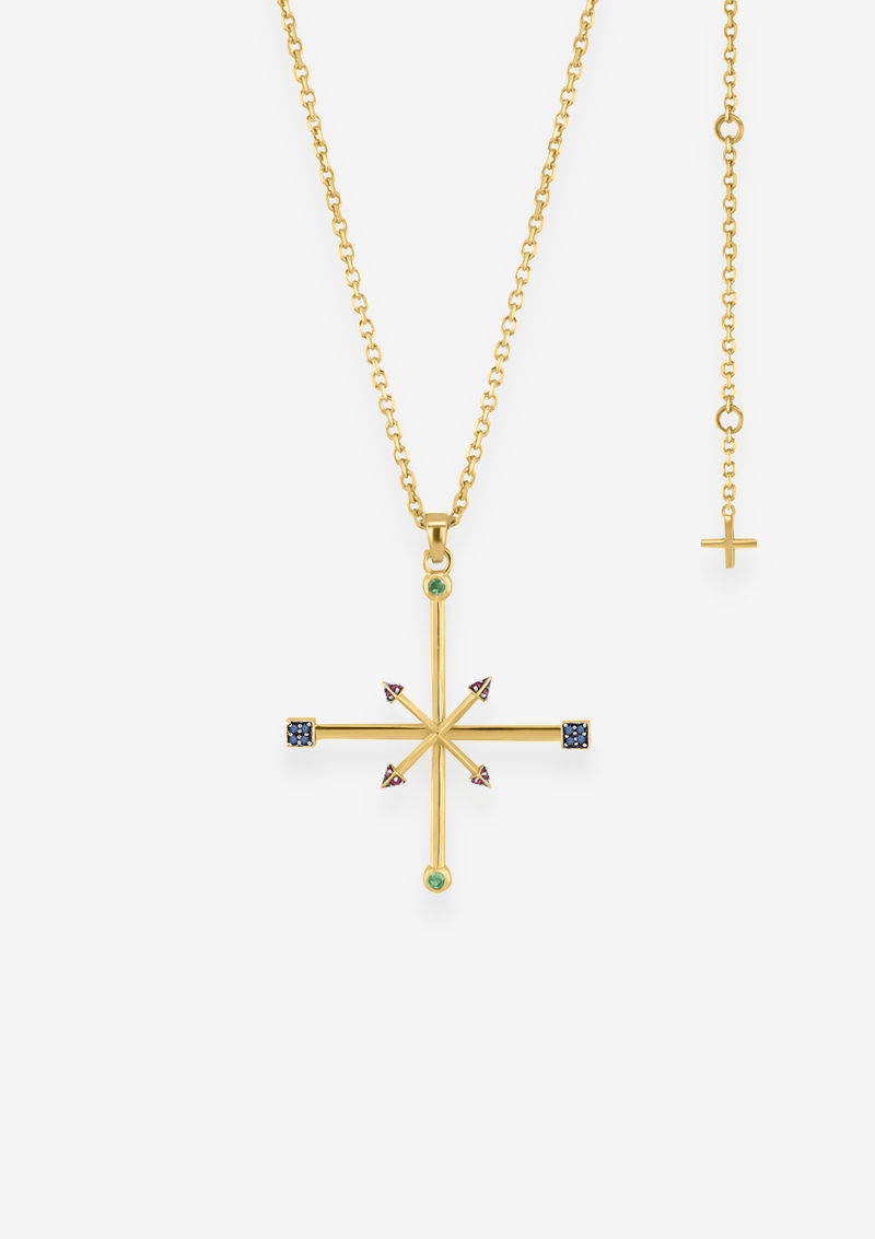 Singula-jewelry-gold-cross-wind-rose-gems-unisex-necklace